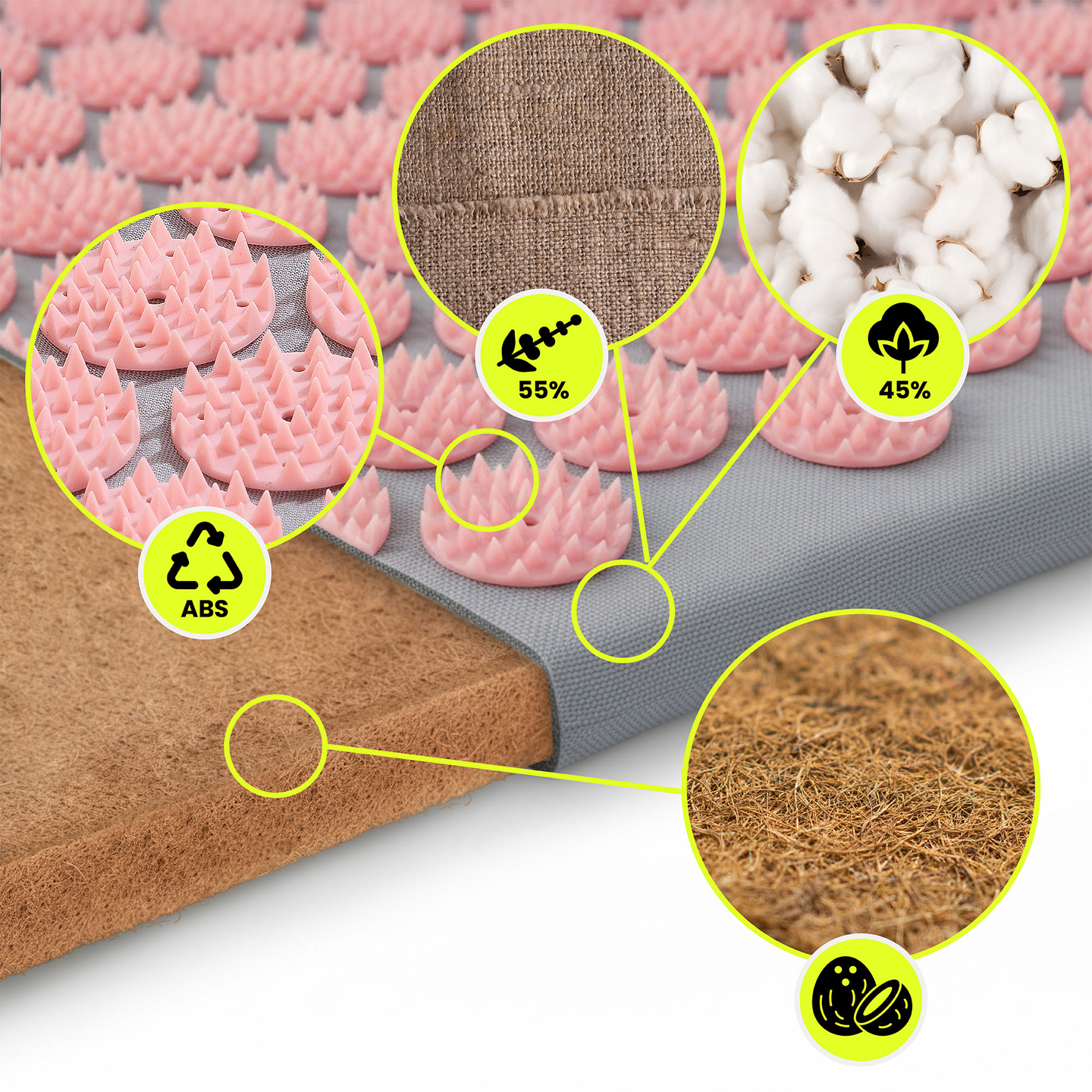 ECO Leinen-Akupressurmatte mit Kokosfaser- und Buchweizenkissen – 68 cm HyperMotion Grau und Rosa