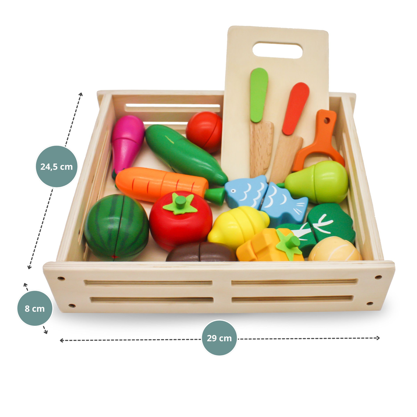 Obst und Gemüse aus Holz zum Schneiden