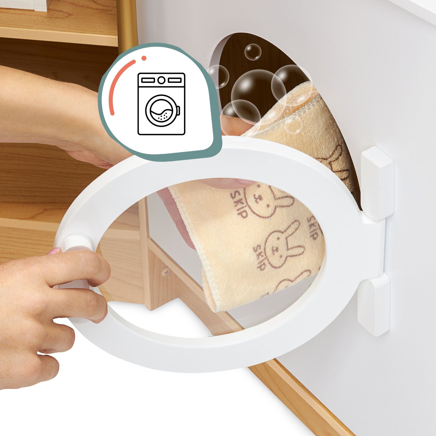 XXXXL große interaktive Holzküche mit LED-Beleuchtung, Waschmaschine, Mikrowelle, Kaffeemaschine und Obst- und Gemüseset - 50 Elemente