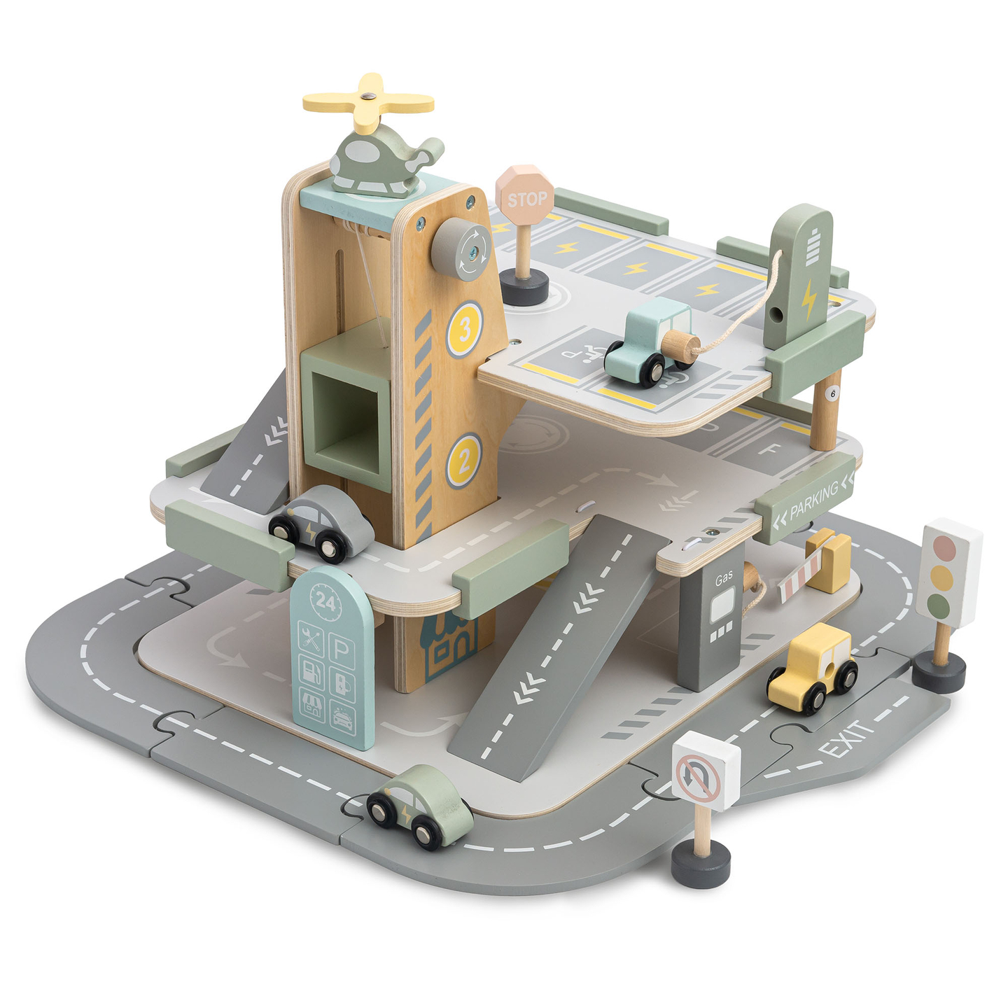 Dreistöckige Holzgarage für Kinder mit Zubehör – Parkplatz, Tankstelle, Autowaschanlage, Hubschrauber