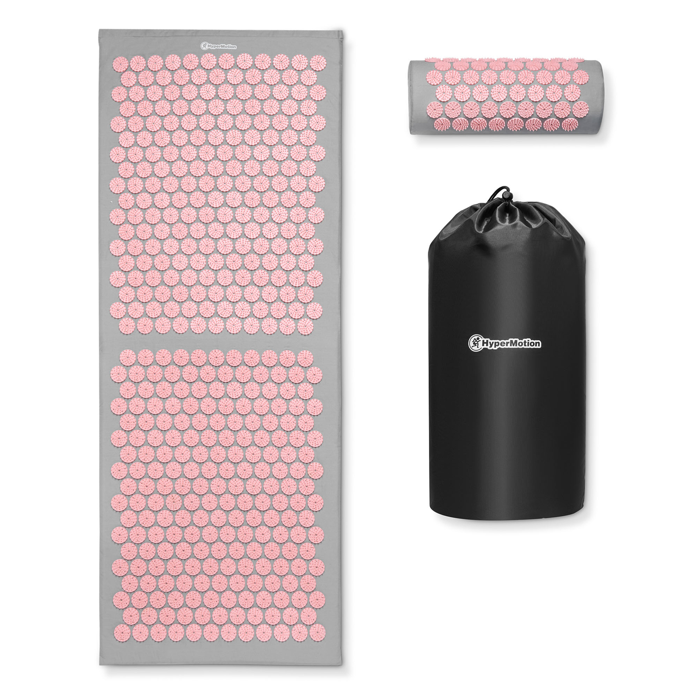 Große Akupressurmatte mit Kissen und Bezug – 130 cm, HyperMotion, grau und rosa