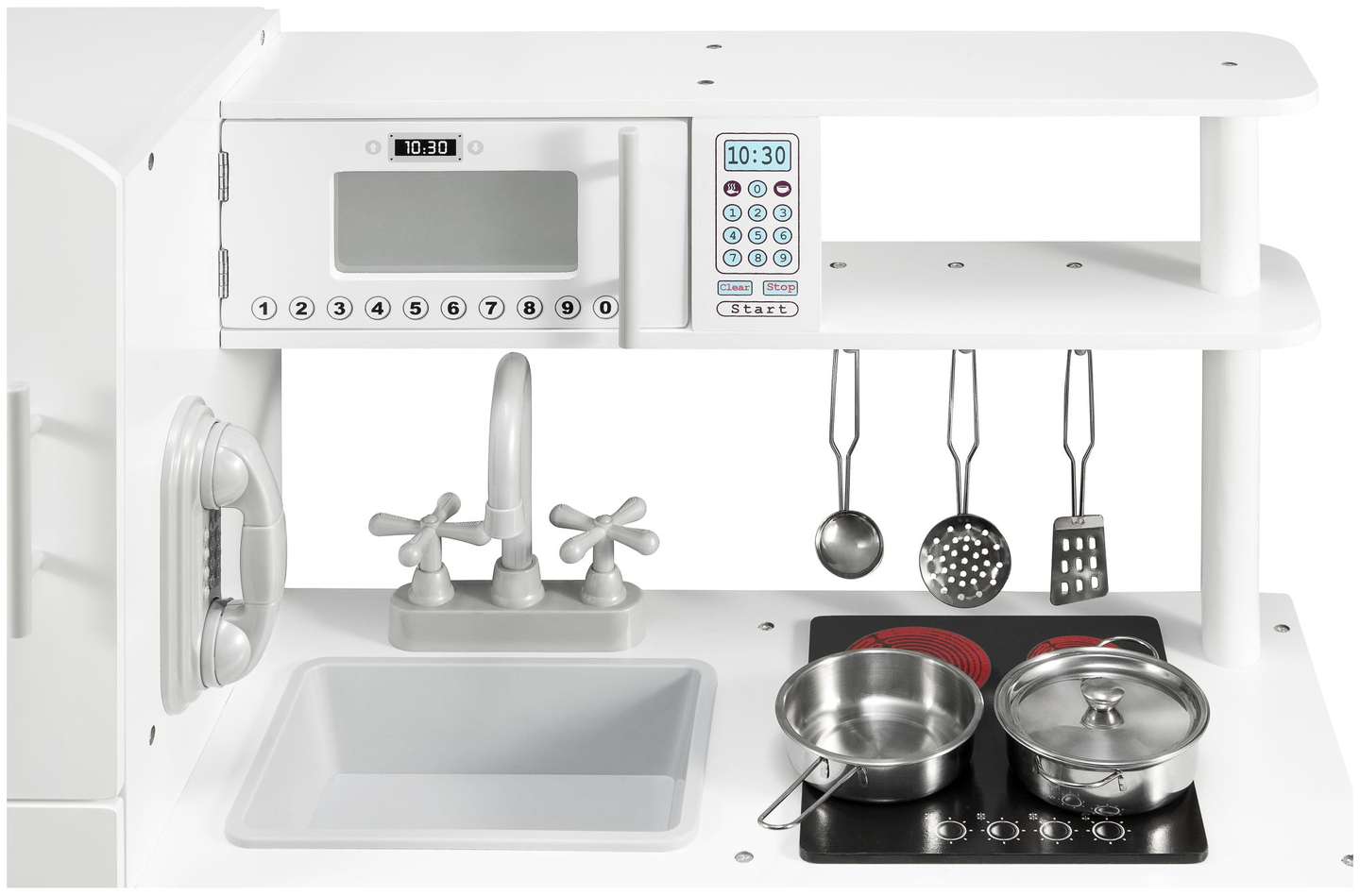 Großes weiße Küche aus Holz mit Zubehör und Schürze