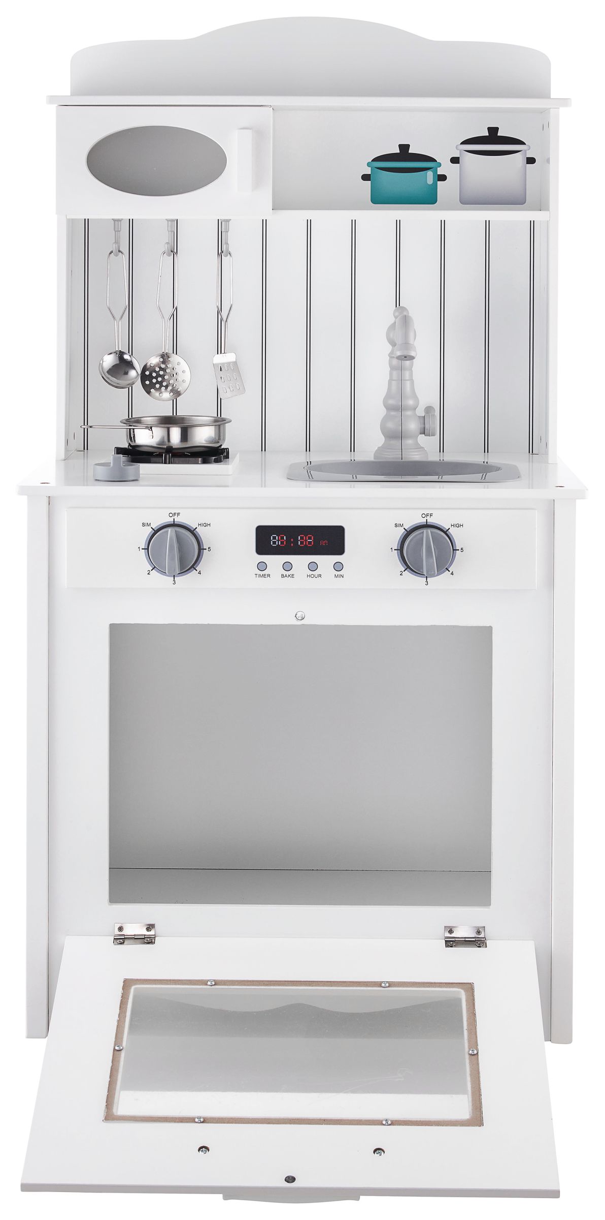 Weiße Holzküche mit Schürze, Zubehör und LED-Lampe