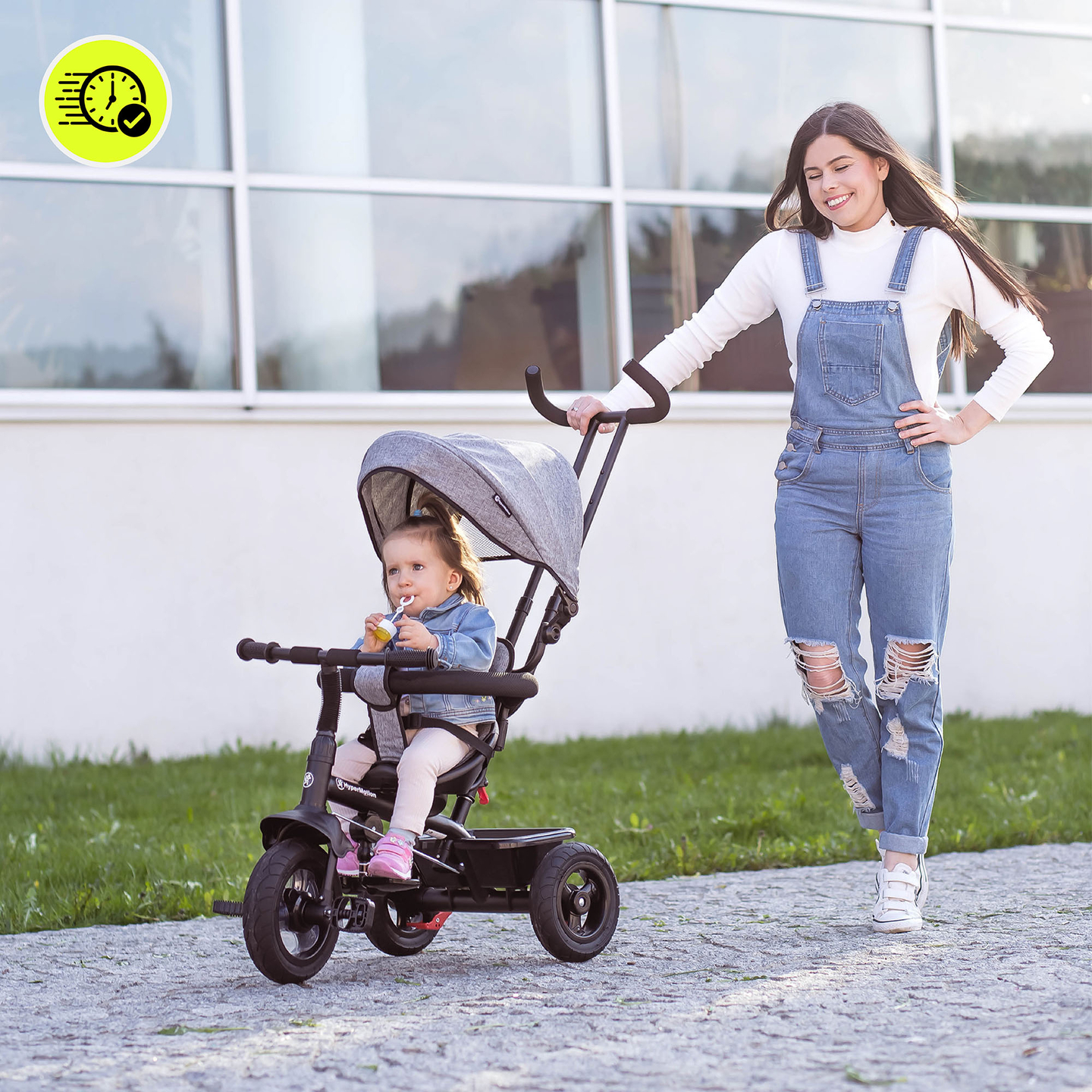 Dreirad für Kinder 1-4 Jahre - TOBI FREY - Farbe grau - drehbar - gepumpte Räder + Schieber