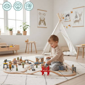 Hölzerne Stadteisenbahn mit elektrischer Lokomotive – beweglicher Kran, Schiff, Brücken