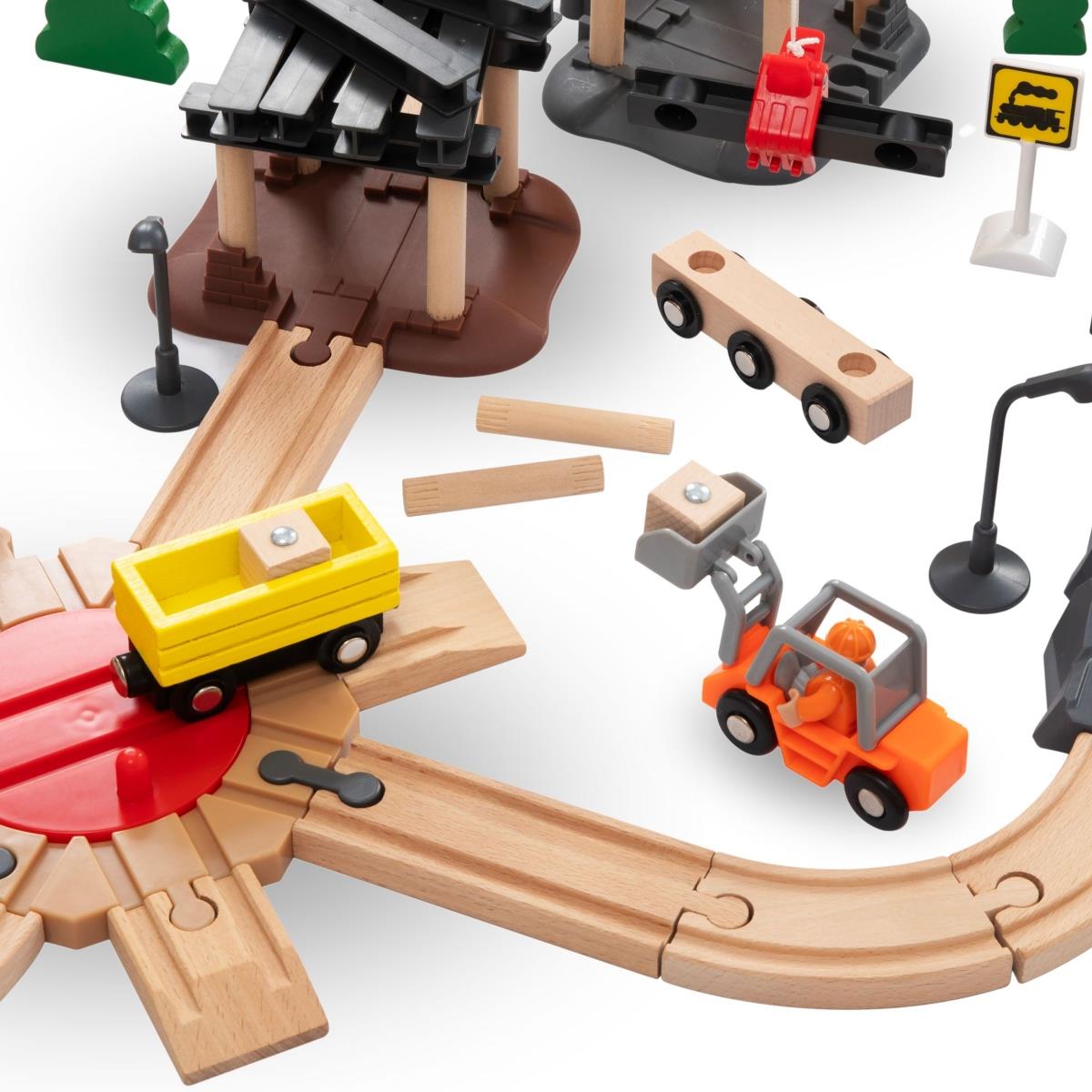 Holzeisenbahn, batteriebetriebener Zug – Stadt: Gleise, Autos, Brücke, Flughafen