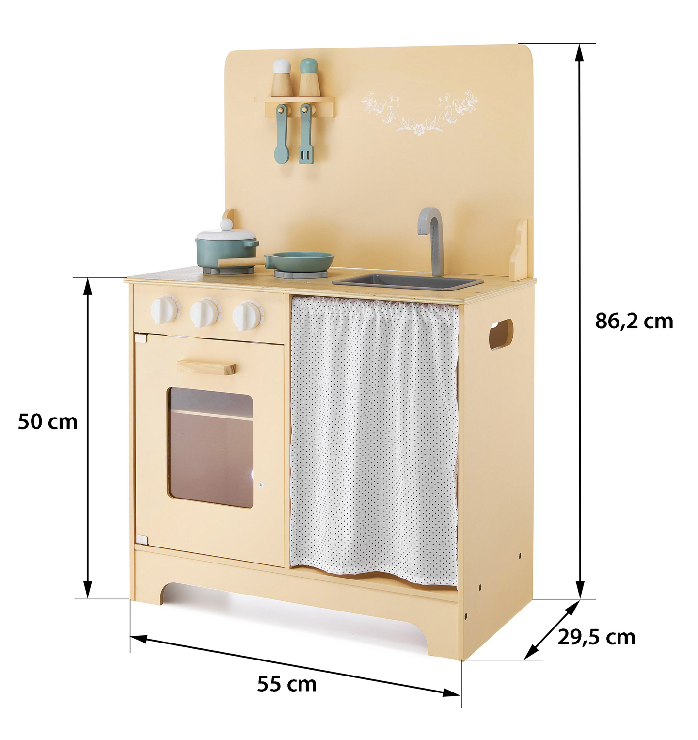 Holzküche mit Schürze, Zubehör und LED-Beleuchtung