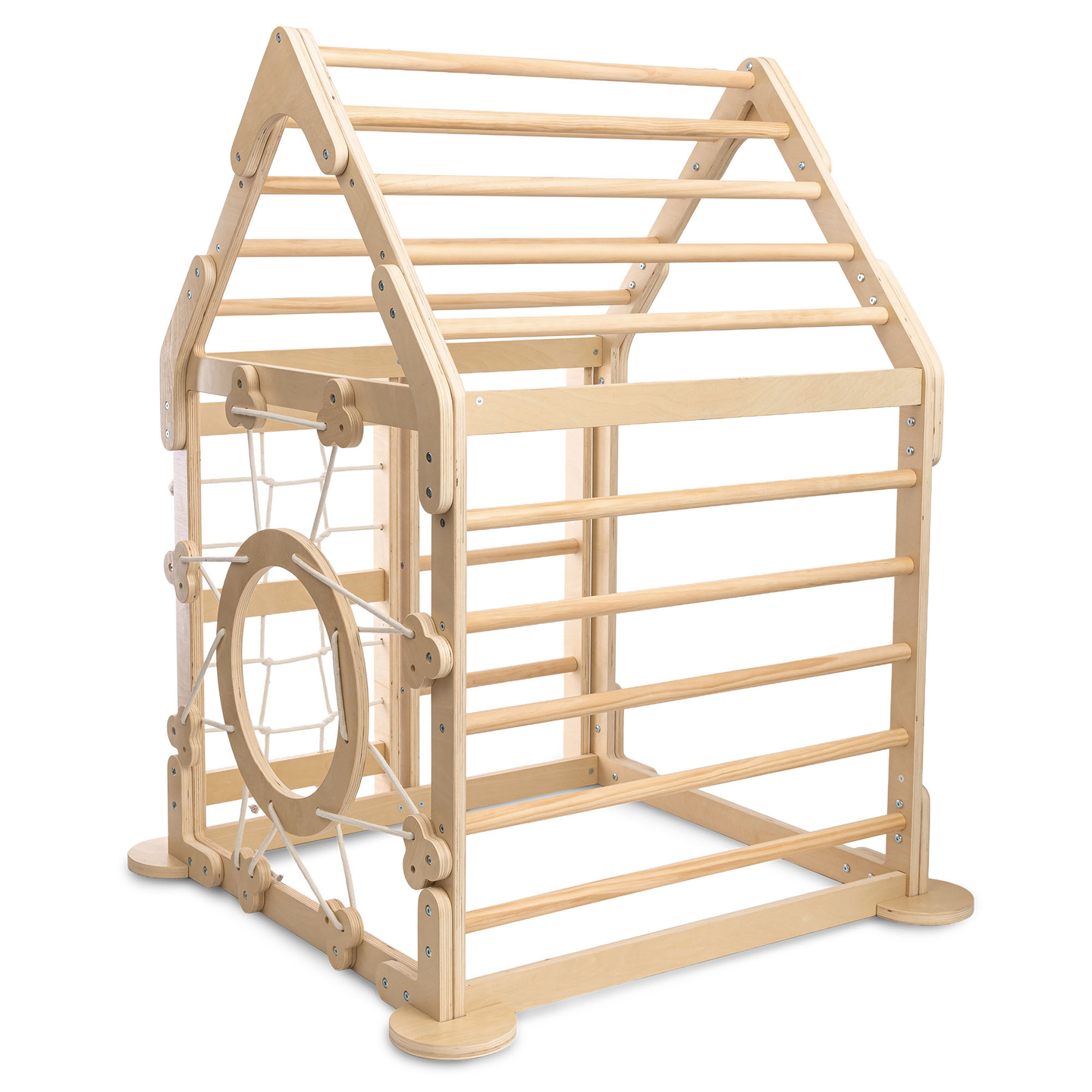 Indoor-Spielplatz aus Holz für Kinder – ein Haus mit Leitern und Rutsche