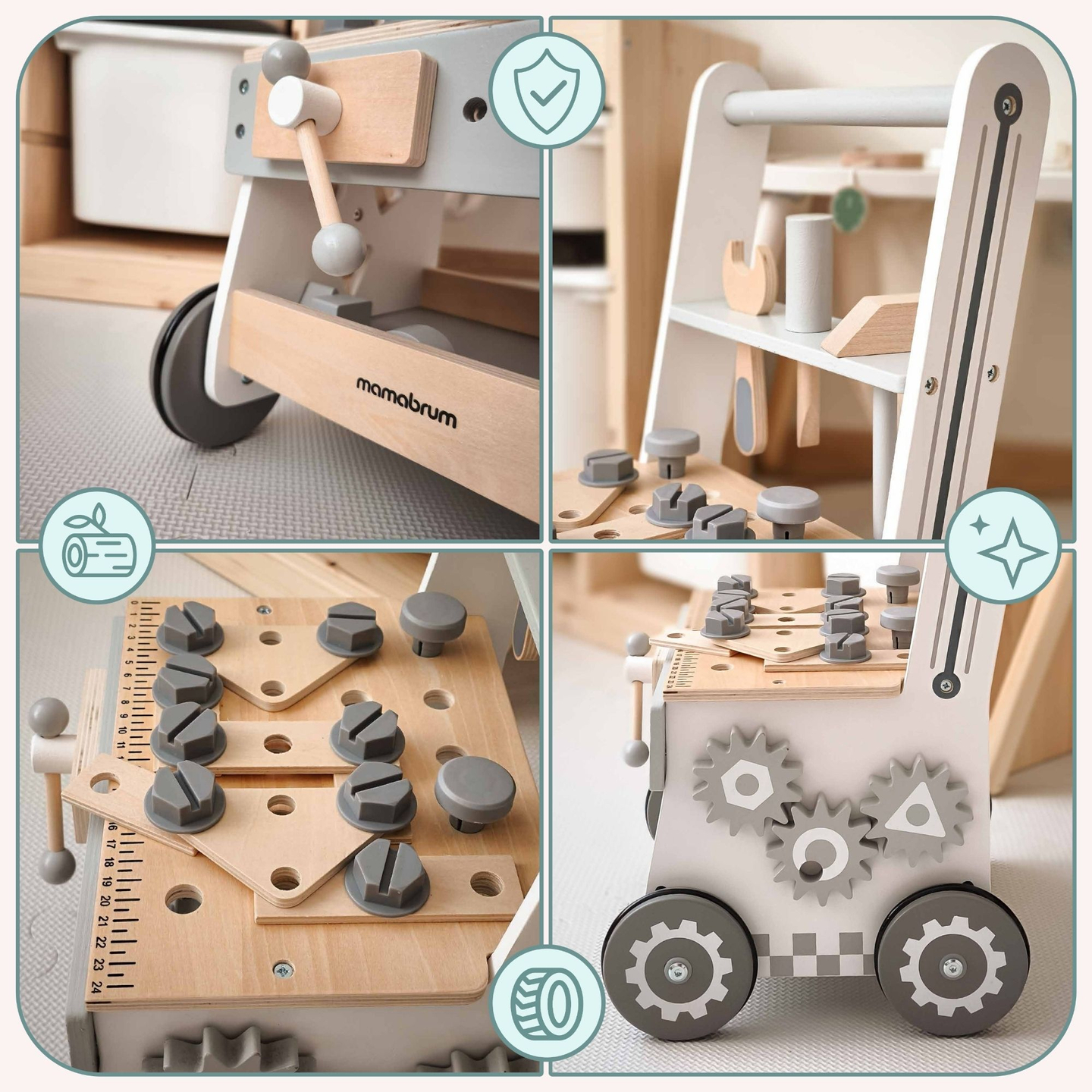 3-in-1-Walker aus Holz, Schieber + Werkstatt - 47 Elemente