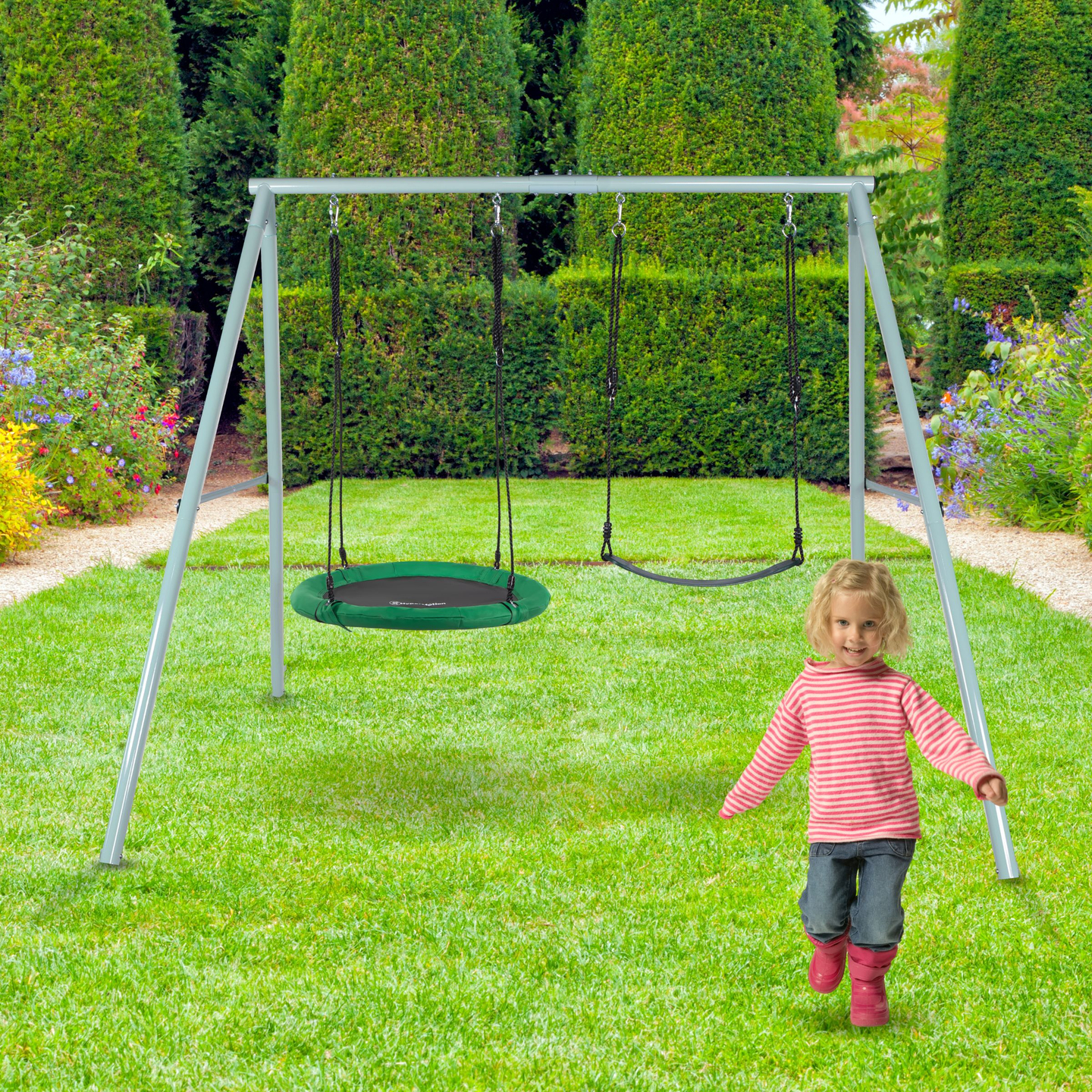 Doppelschaukel mit Gestell und Seilen – Sitz und Storchennest