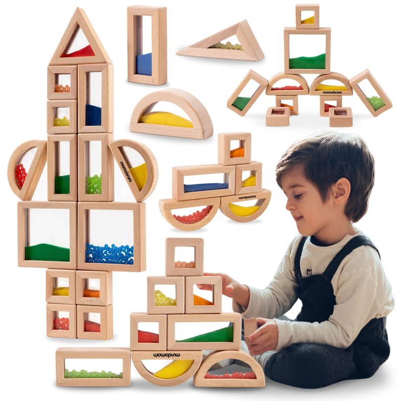 Set aus Holzklötzen mit verschiedenen Füllungen - 15 Stück