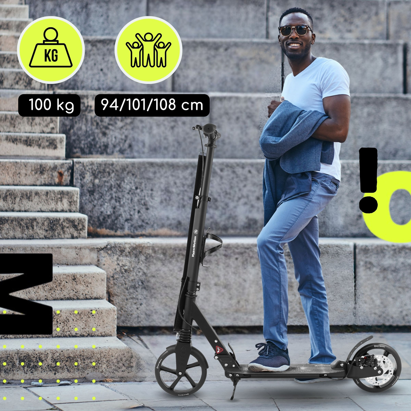 Zweirädriger Roller für junge Erwachsene - mit Stoßdämpfer - HyperMotion Skyline - schwarz, Aluminium - 100kg