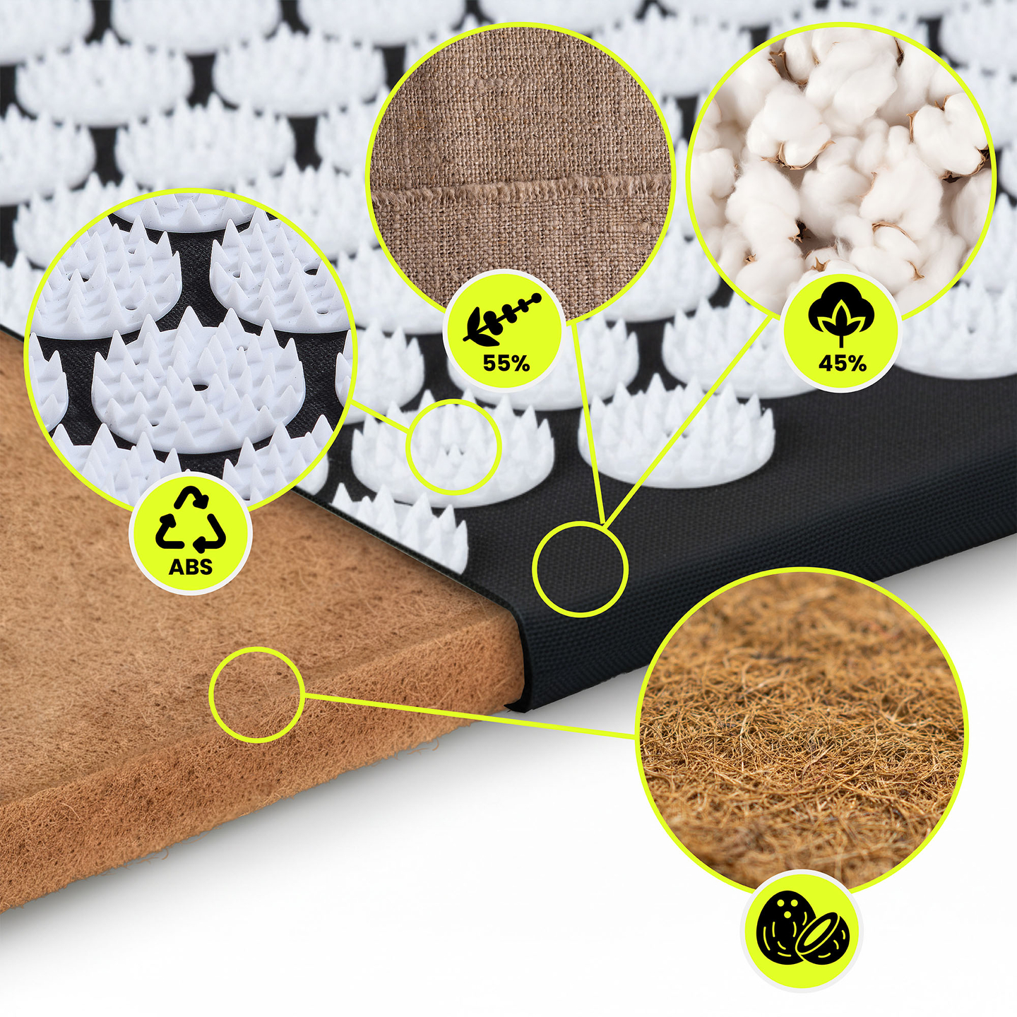 ECO Leinen-Akupressurmatte mit Kokosfaser- und Buchweizenkissen – 68 cm HyperMotion Schwarz-Weiß