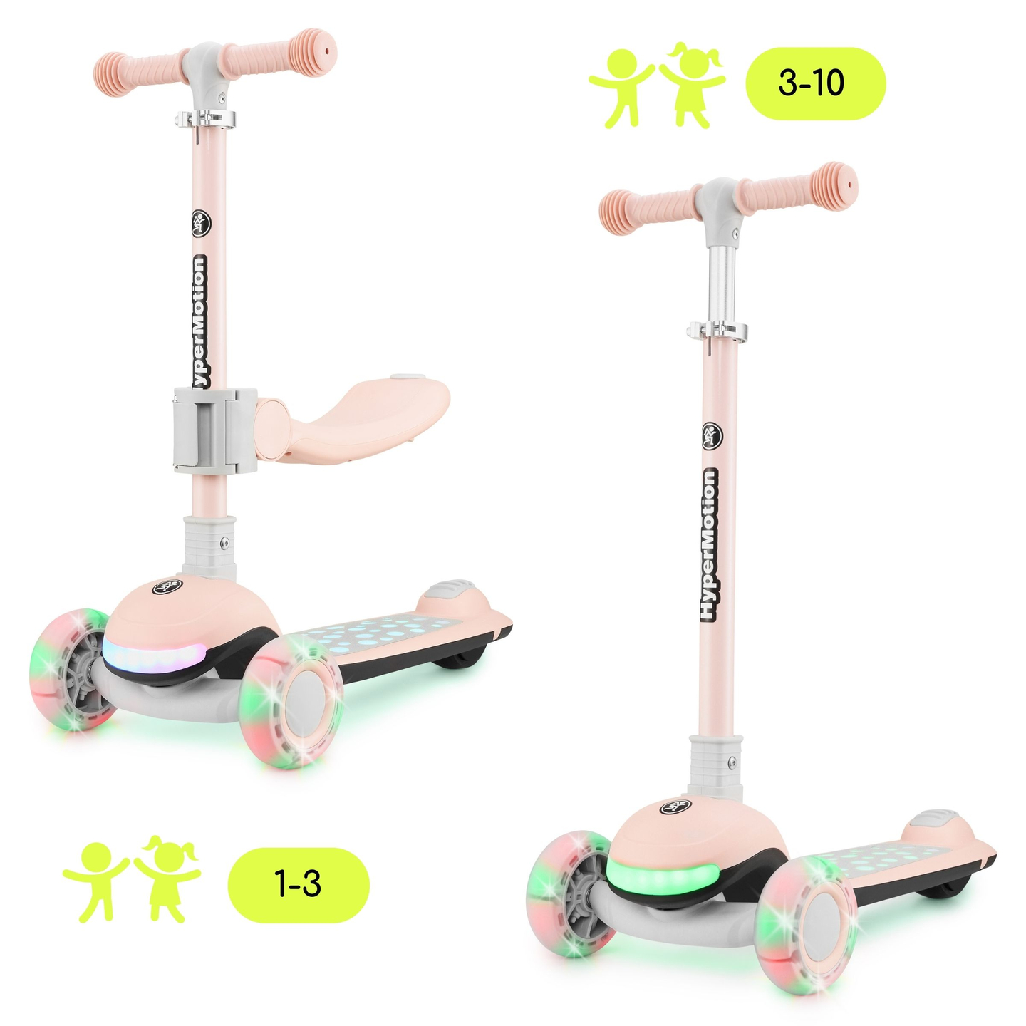 HyperMotion LUMI 3-in-1 Balance Scooter - beleuchtete Plattform und LED-Räder, Farbe rosa