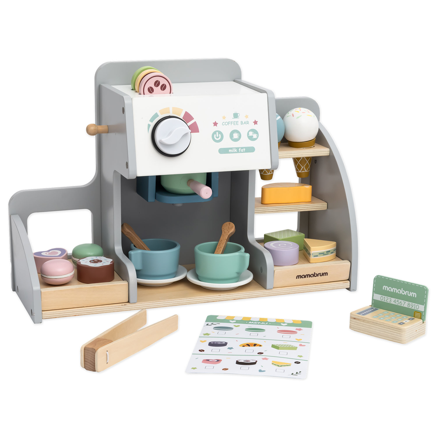 Ein großes Holzcafé und eine Eisdiele mit Magnettafel, Kaffeemaschine und Eis- und Dessertset - über 70 Teile!