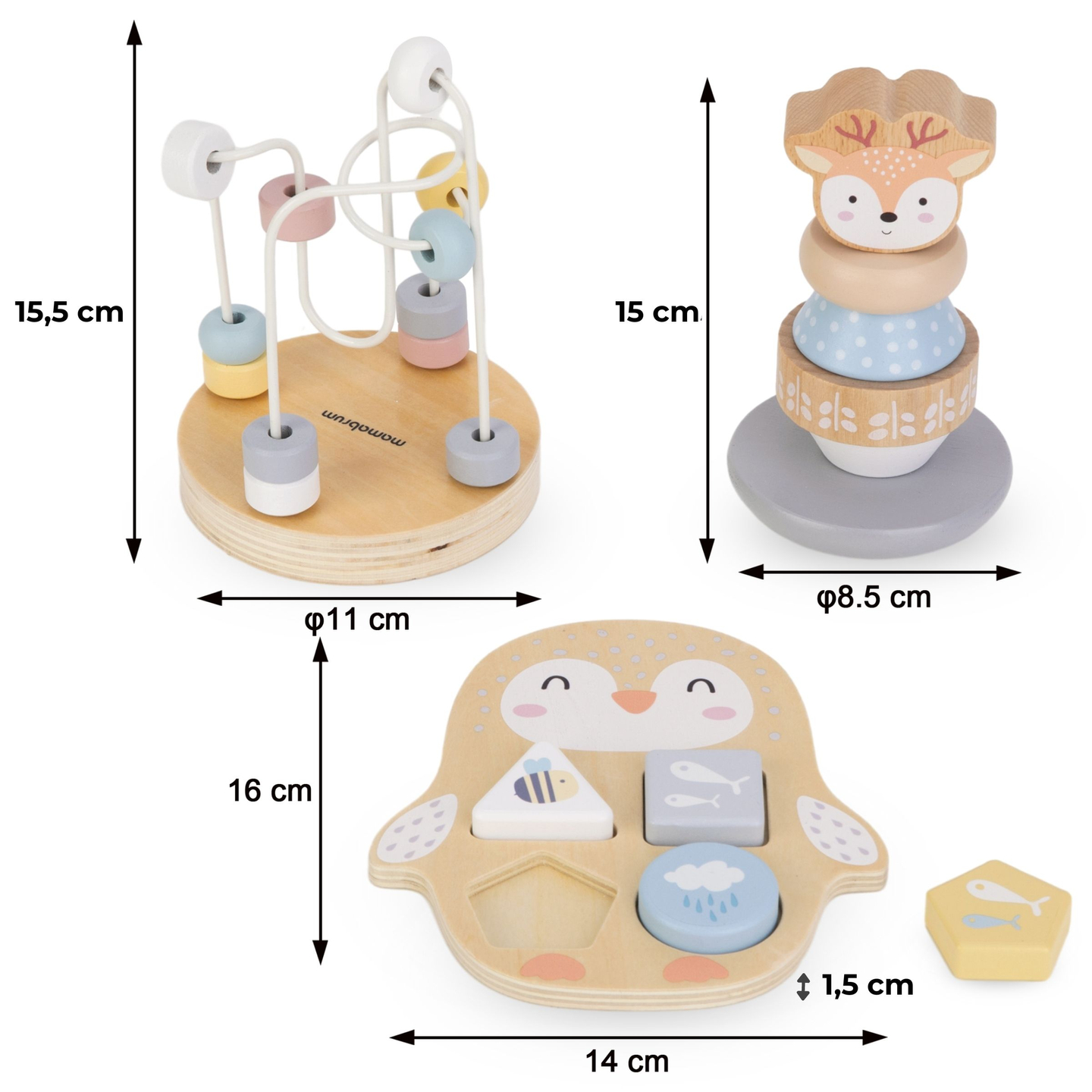 Set mit Holzspielzeug - buntes Geflecht, Pyramide Deer, Sortierer Penguin