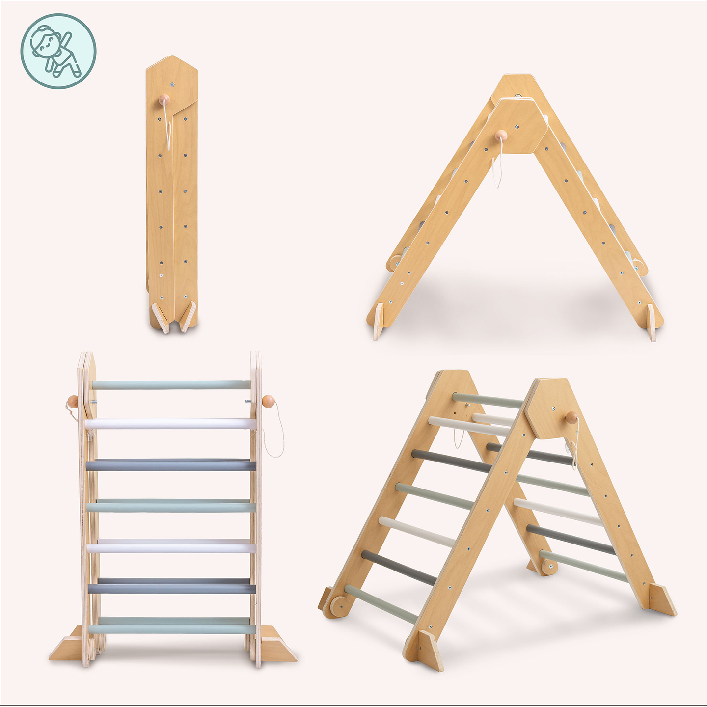 Indoor-Spielplatz aus Holz für Kinder – Kletterwand, Rutsche, Kletterbogen/-wippe und Pikler-Dreieck
