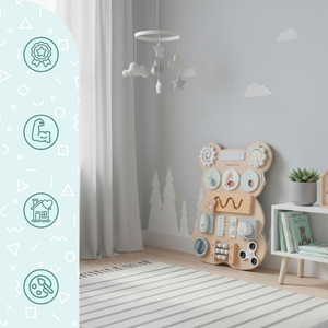 Montessori-Spielbrett aus Holz mit Teddybär – sensorisches Lernen zur Förderung der Selbstständigkeit: Klettverschluss, Stecker, Labyrinth, Klickknopf