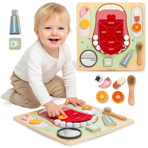Montessori-Lerntafel aus Holz „Kleiner Zahnarzt“ – Zahnbürste, Zahnpasta, herausnehmbare Zähne, Spiegel, Essen, Lernaromen