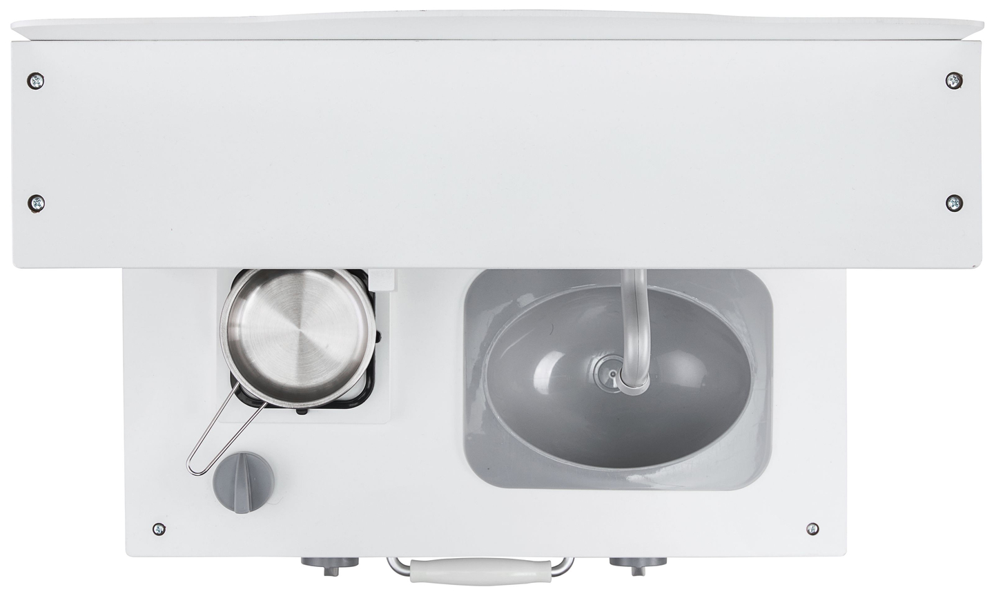 Weiße Holzküche mit Schürze, Zubehör und LED-Lampe