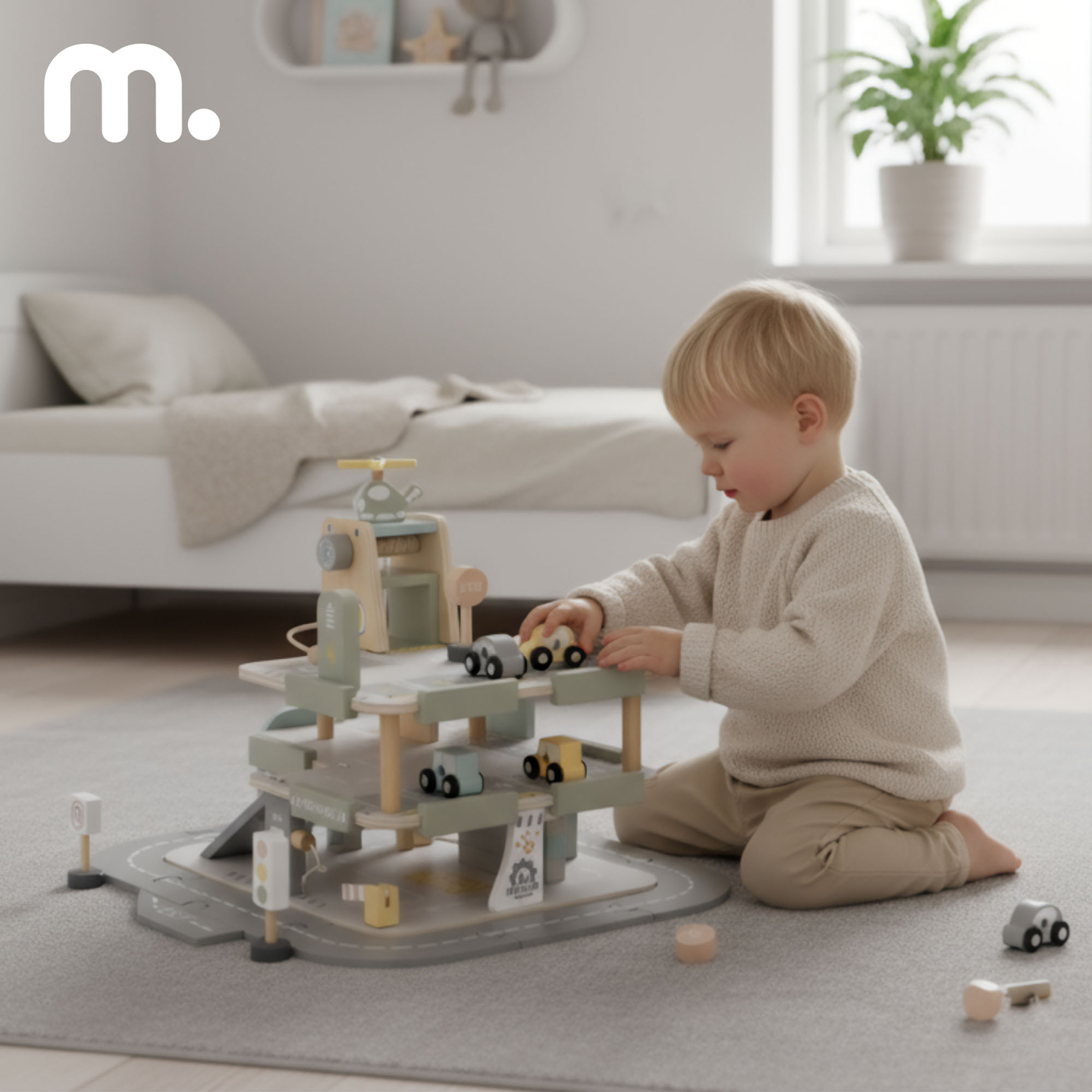 Dreistöckige Holzgarage für Kinder mit Zubehör – Parkplatz, Tankstelle, Autowaschanlage, Hubschrauber