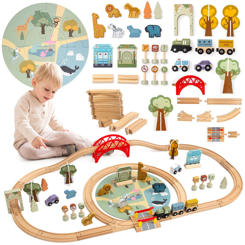 Holz-Zoo-Zug – Puzzle, Zug, Gleise, Tiere, Brücke, Barriere