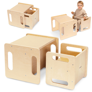 Holztisch und Stuhl mit Trittsteinfunktion – ein multifunktionales Montessori-Set für Kinder