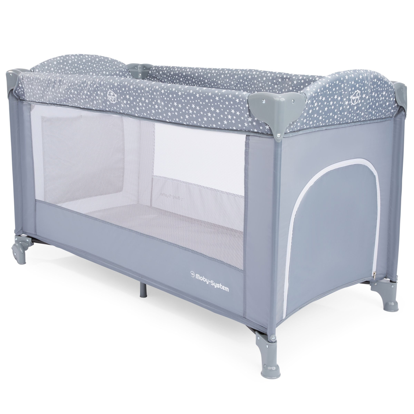 Reisebett/Laufstall 2 Ebenen mit Wickeltisch, Dach und Happy Traveler BASIC PLUS Matratze – grau