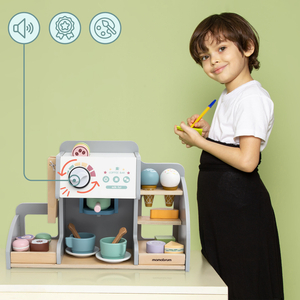 Ein großes Holzcafé und eine Eisdiele mit Magnettafel, Kaffeemaschine und Eis- und Dessertset - über 70 Teile!