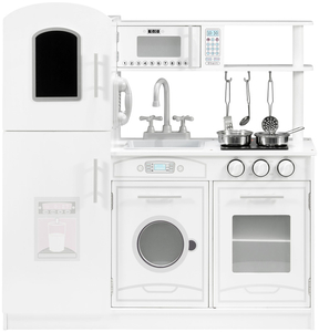 Großes weiße Küche aus Holz mit Zubehör und Schürze