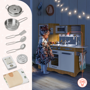 XXL-Holzküche mit LED-Beleuchtung, Schürze und Zubehör