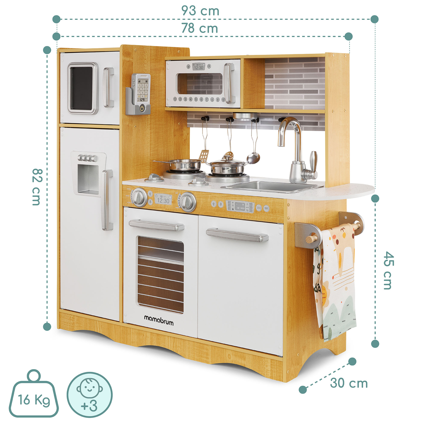 XXL-Holzküche mit LED-Beleuchtung, Schürze und Zubehör