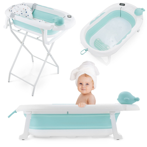 Zusammenklappbare Babybadewanne mit Thermometer, Einsatz und Ständer - mintfarben