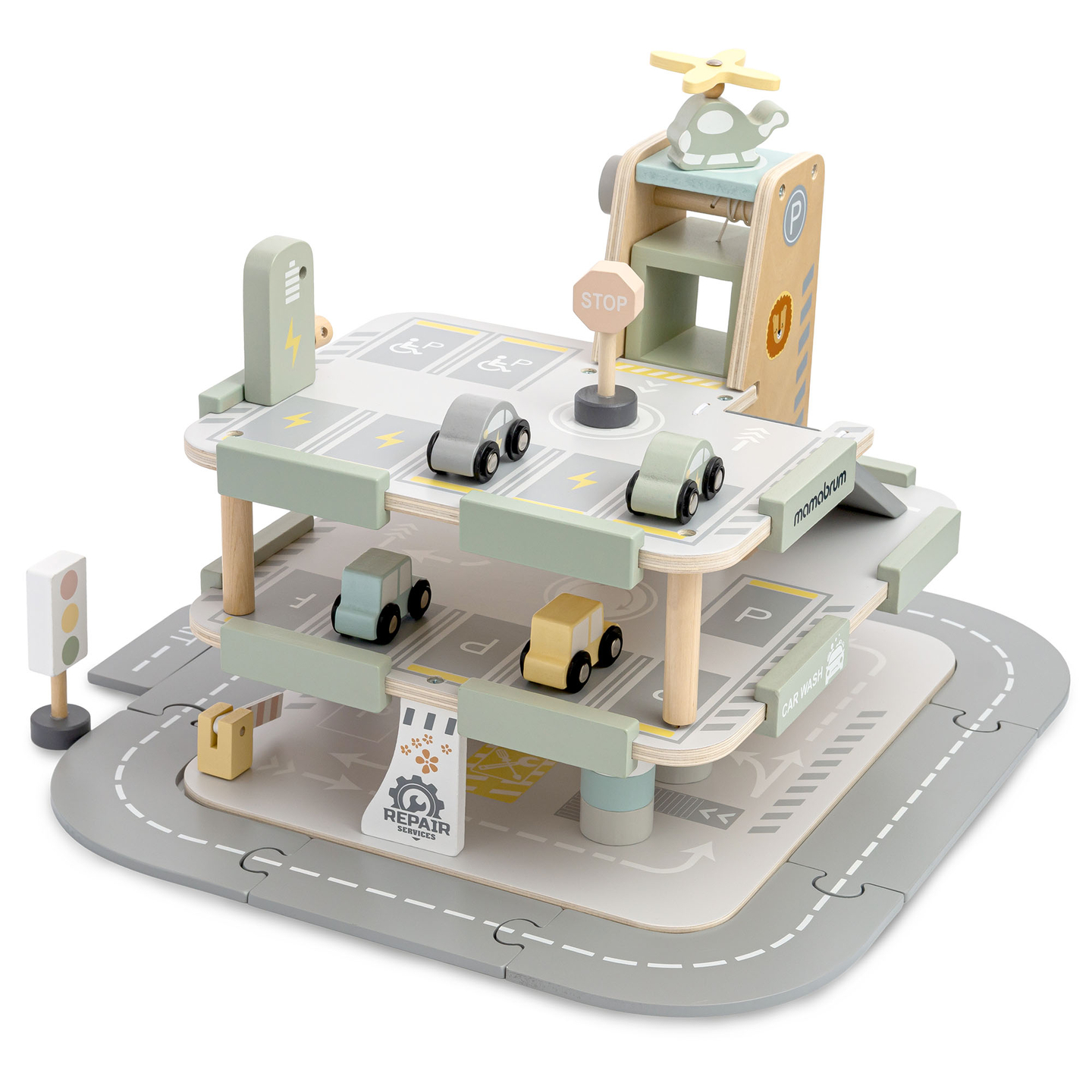 Dreistöckige Holzgarage für Kinder mit Zubehör – Parkplatz, Tankstelle, Autowaschanlage, Hubschrauber