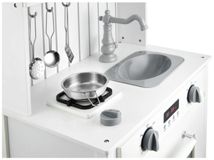 Weiße Holzküche mit Schürze, Zubehör und LED-Lampe