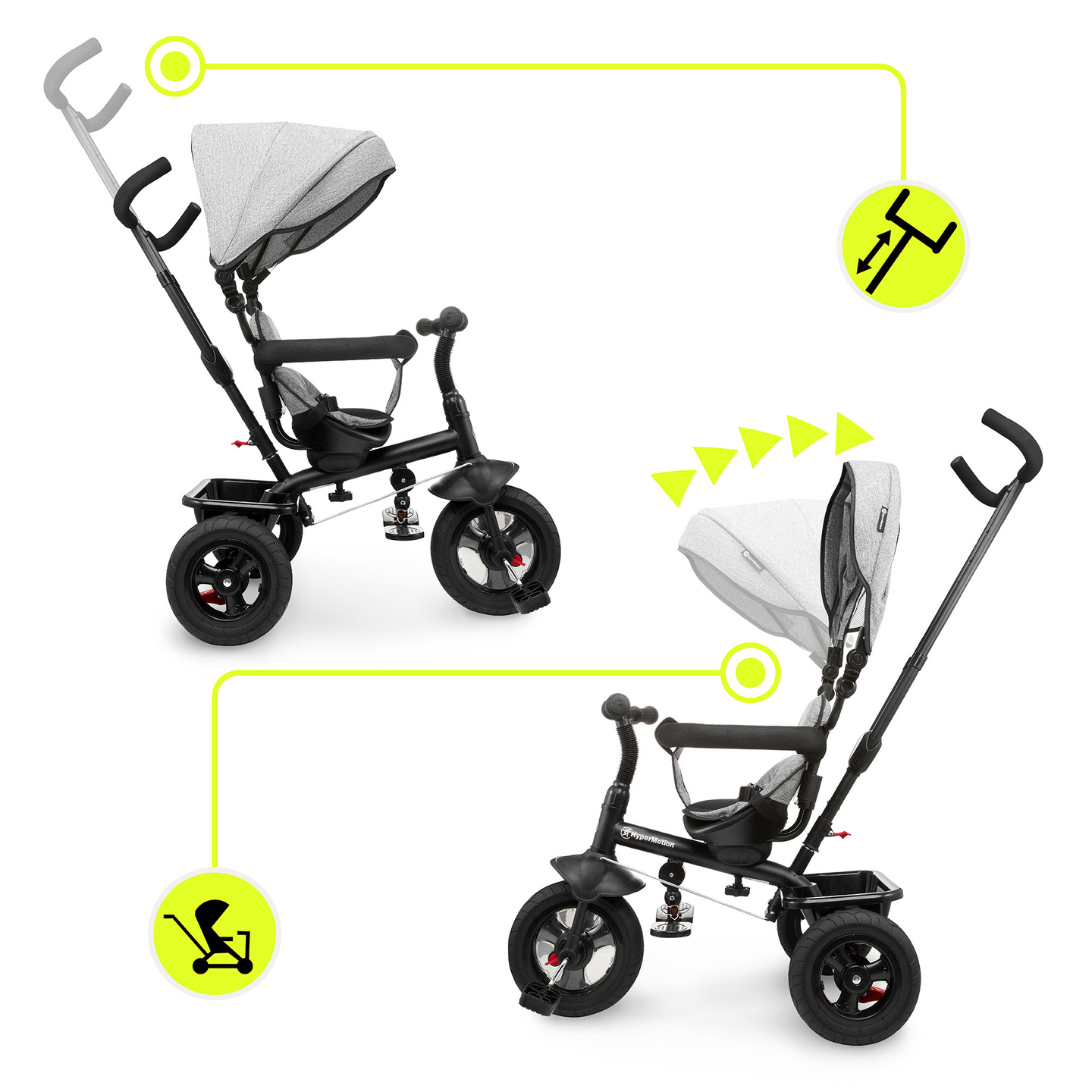 Dreirad für Kinder 1-4 Jahre - TOBI FREY - Farbe grau - drehbar - gepumpte Räder + Schieber