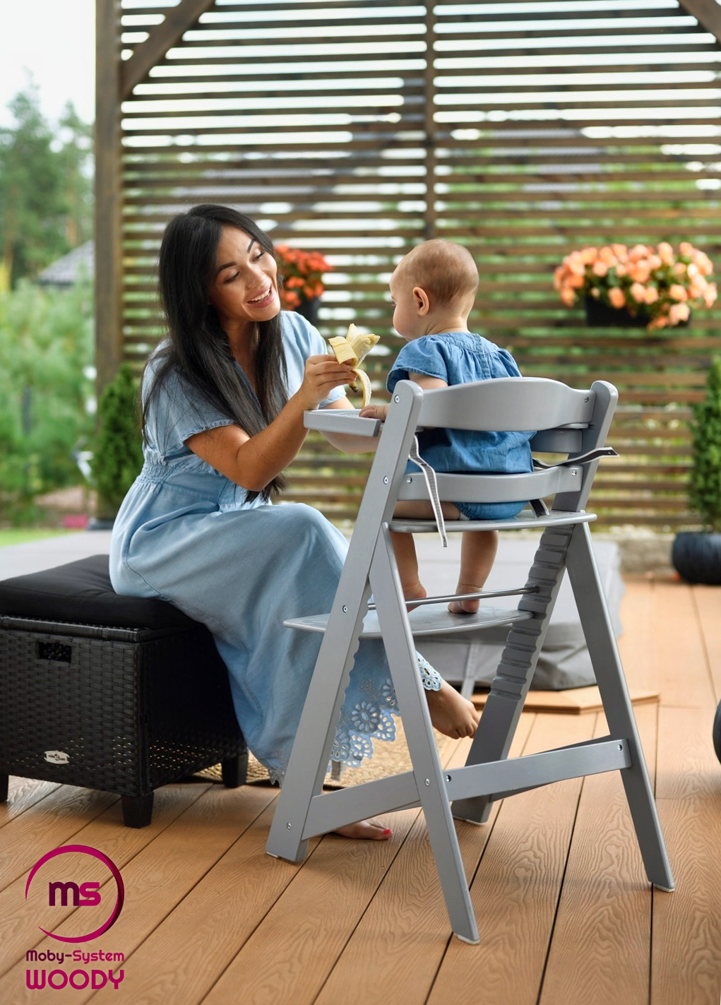 Holz-Hochstuhl Moby-System WOODY - grau