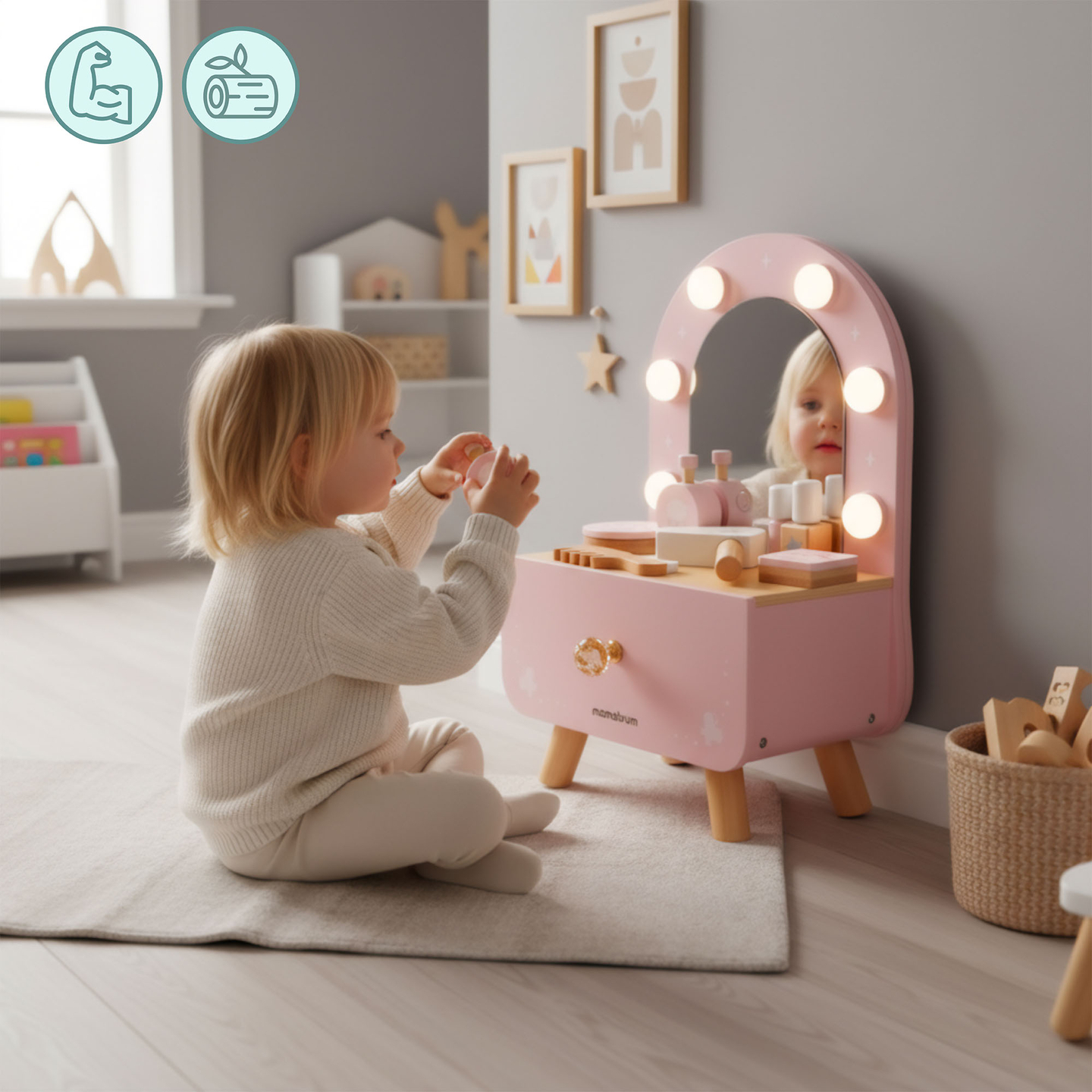 Mini-Schminktisch aus Holz für Kinder mit Accessoires und LED-Beleuchtung mit stufenloser Helligkeitsregulierung