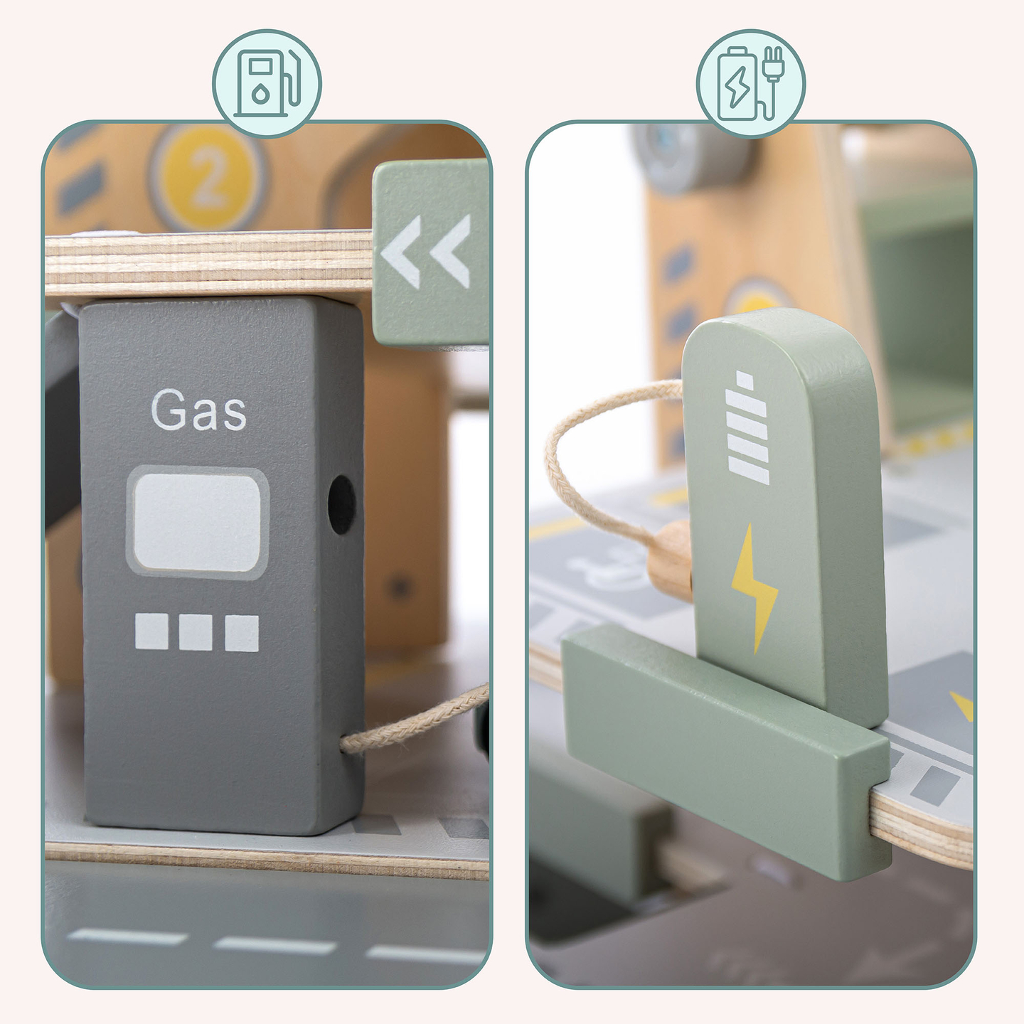 Dreistöckige Holzgarage für Kinder mit Zubehör – Parkplatz, Tankstelle, Autowaschanlage, Hubschrauber