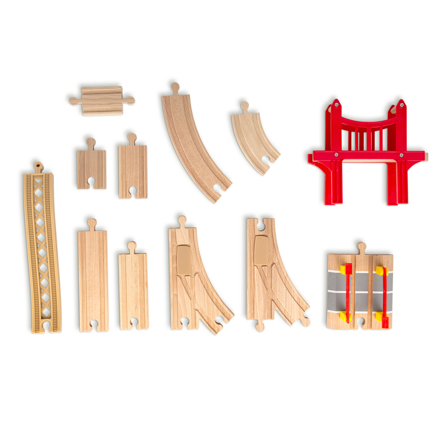 Hölzerne Stadteisenbahn mit elektrischer Lokomotive – beweglicher Kran, Schiff, Brücken