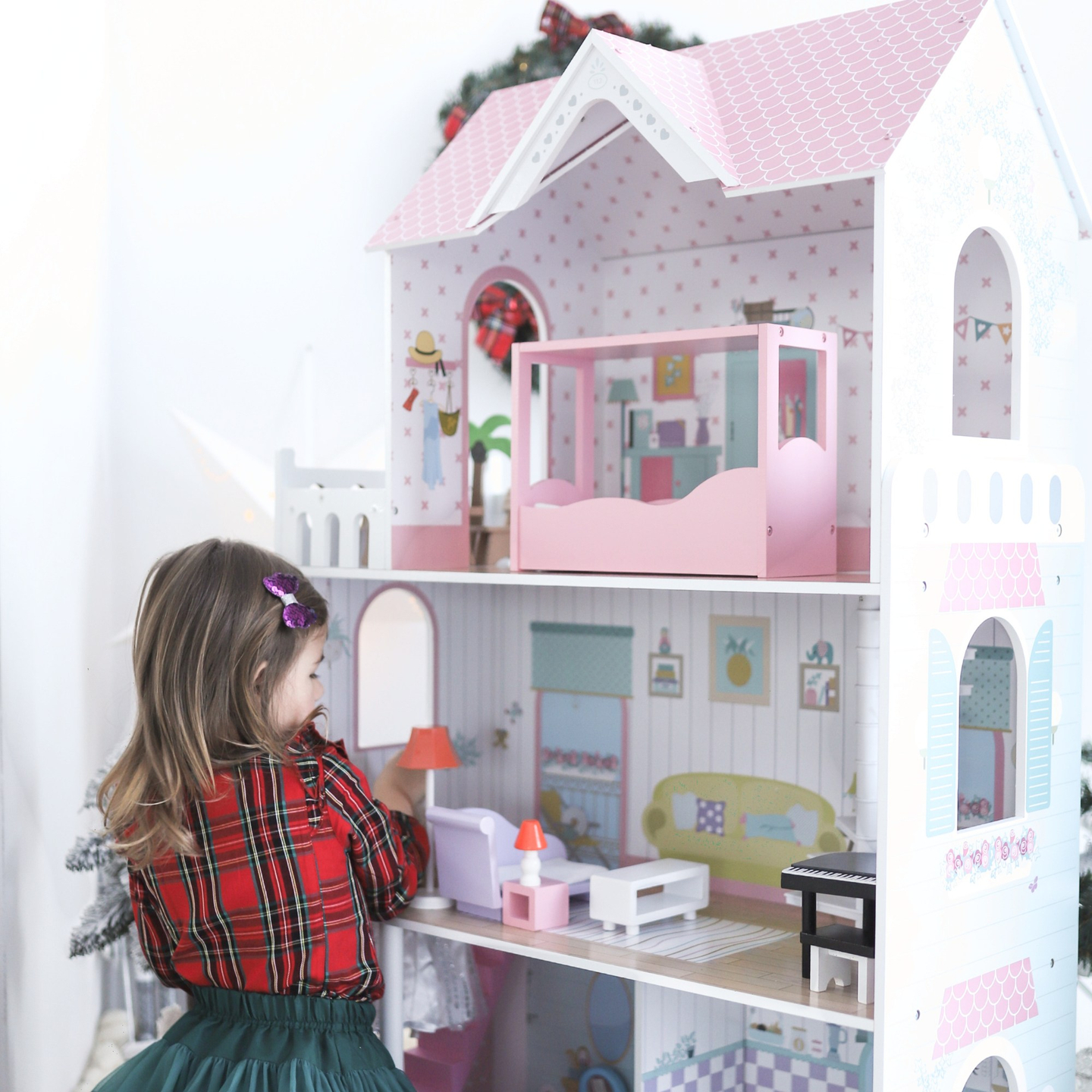 XXL Größtes Holzpuppenhaus - 123 cm - LED-Beleuchtung - Terrasse, Zubehör, Garten