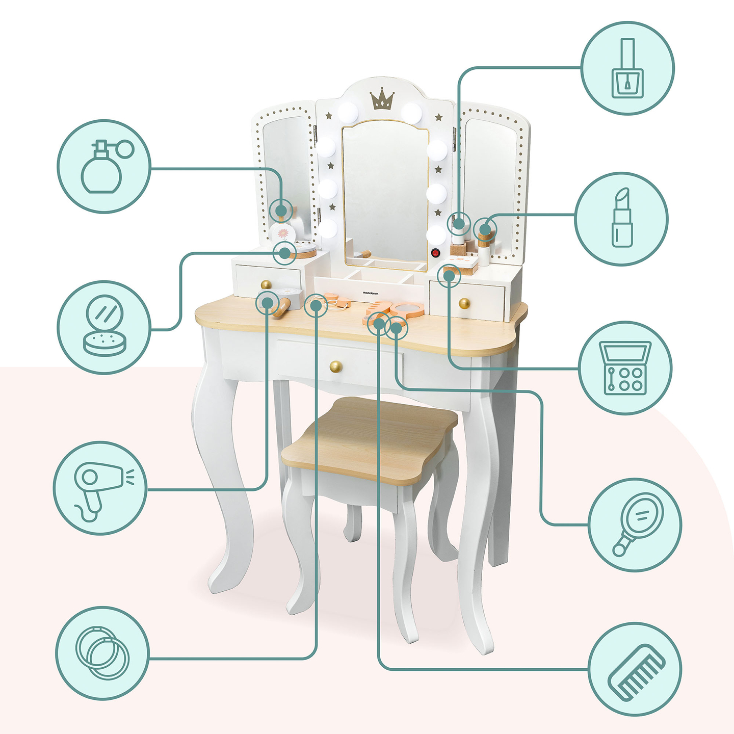 XXL-Holzfrisiertisch mit Hocker und LED-Beleuchtung für Kinder + Zubehör