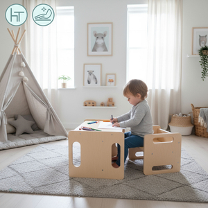 Holztisch und Stuhl mit Trittsteinfunktion – ein multifunktionales Montessori-Set für Kinder