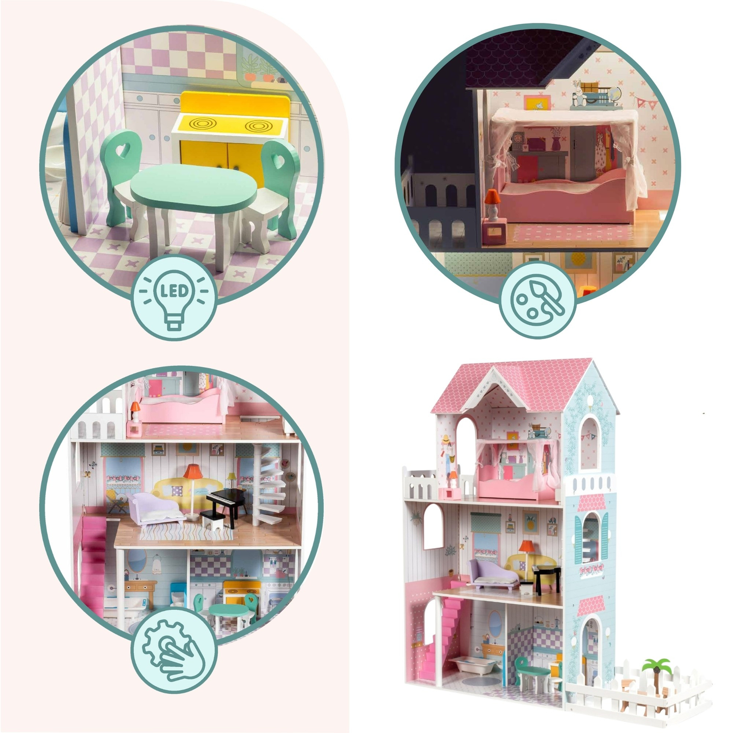 XXL Größtes Holzpuppenhaus - 123 cm - LED-Beleuchtung - Terrasse, Zubehör, Garten