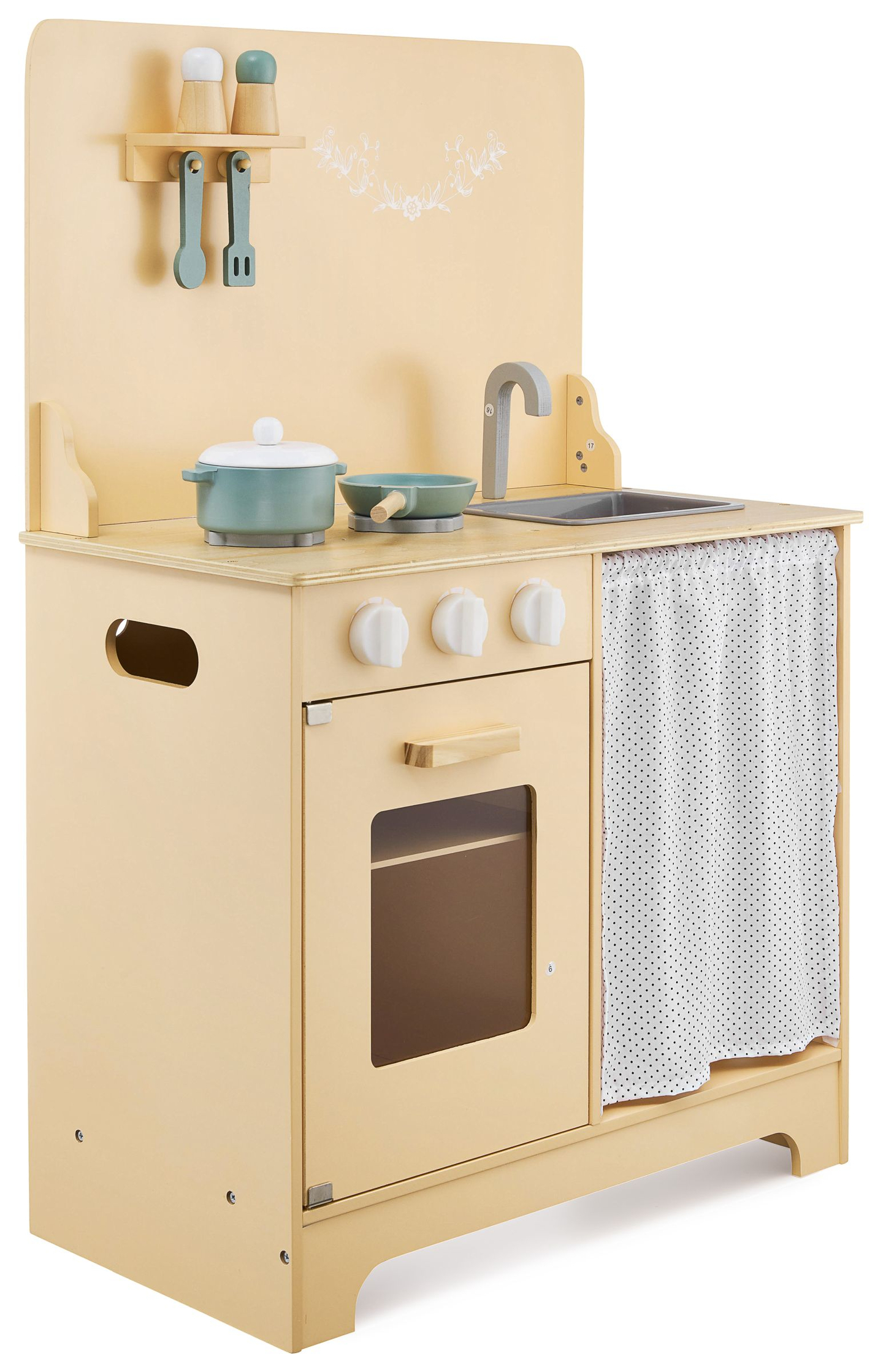 Holzküche mit Schürze, Zubehör und LED-Beleuchtung