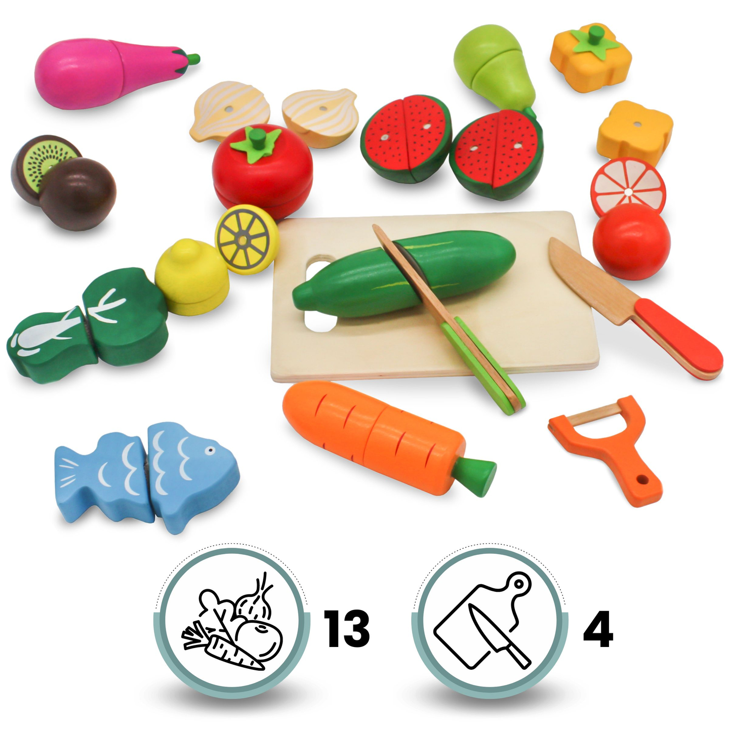 Obst und Gemüse aus Holz zum Schneiden