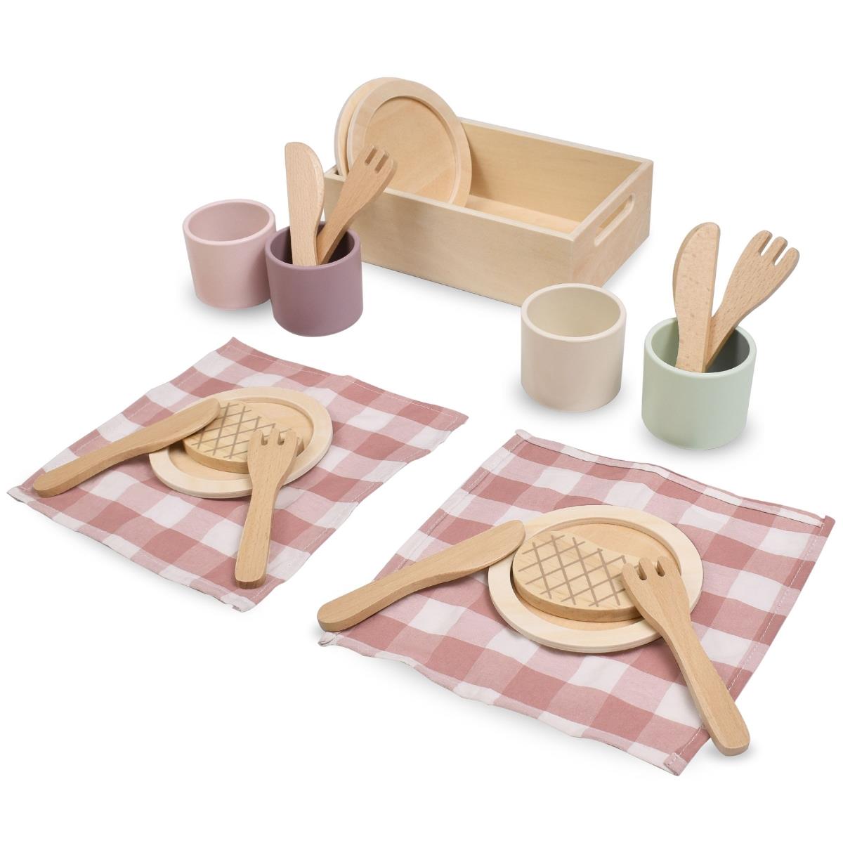 Holzgeschirrset für Kinder mit roten Tischsets