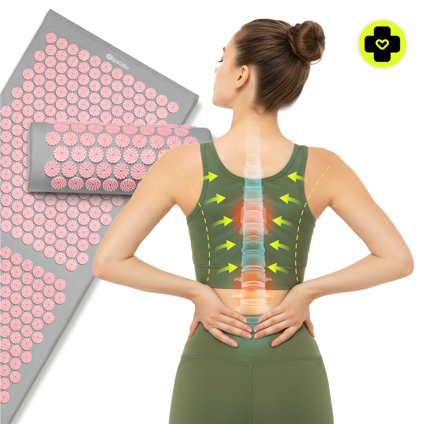 Große Akupressurmatte mit Kissen und Bezug – 130 cm, HyperMotion, grau und rosa