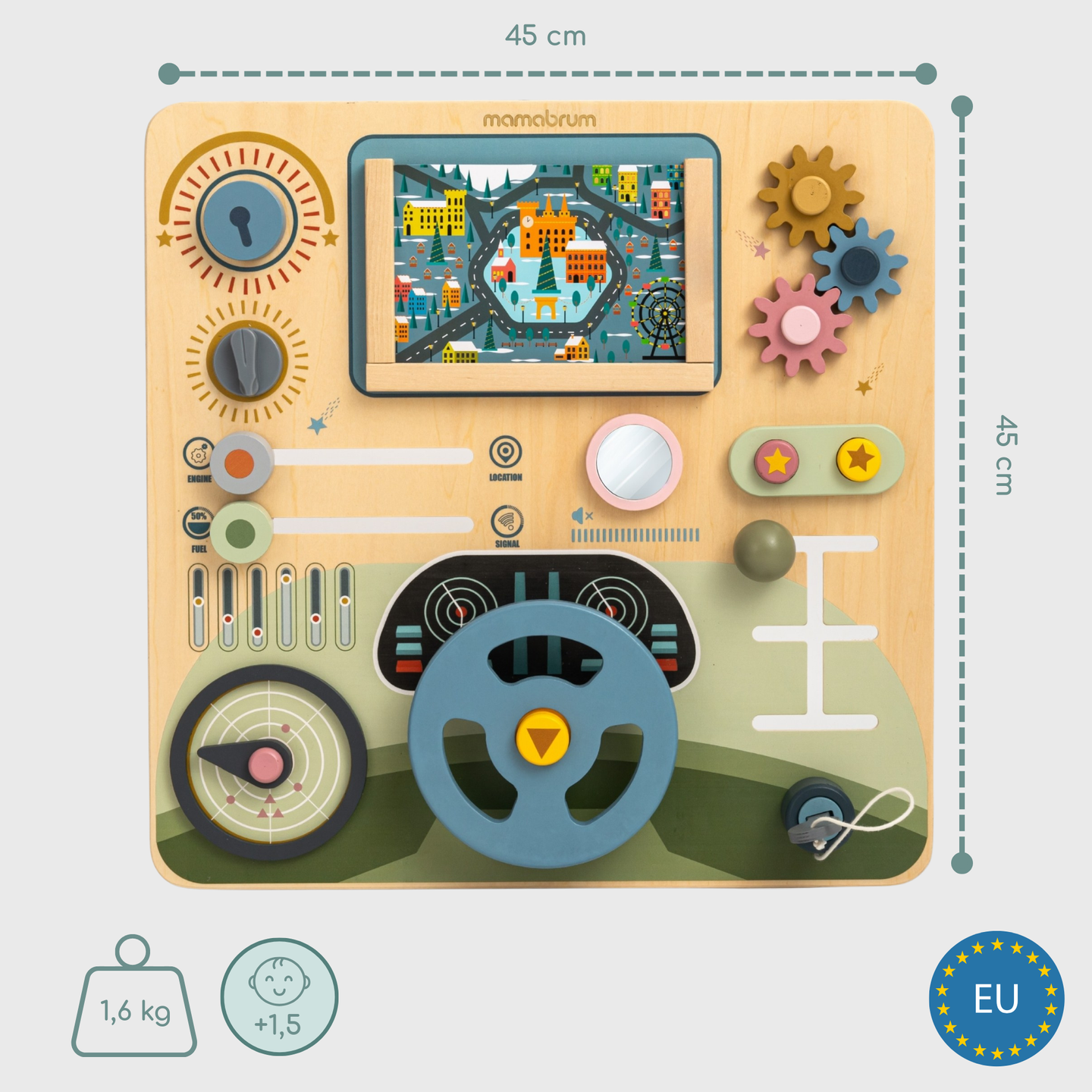 Montessori-Holzbrett 2 in 1 Cockpit für den kleinen Fahrer und Piloten – Lenkrad, Gangschaltung, Reisekarten, Radar