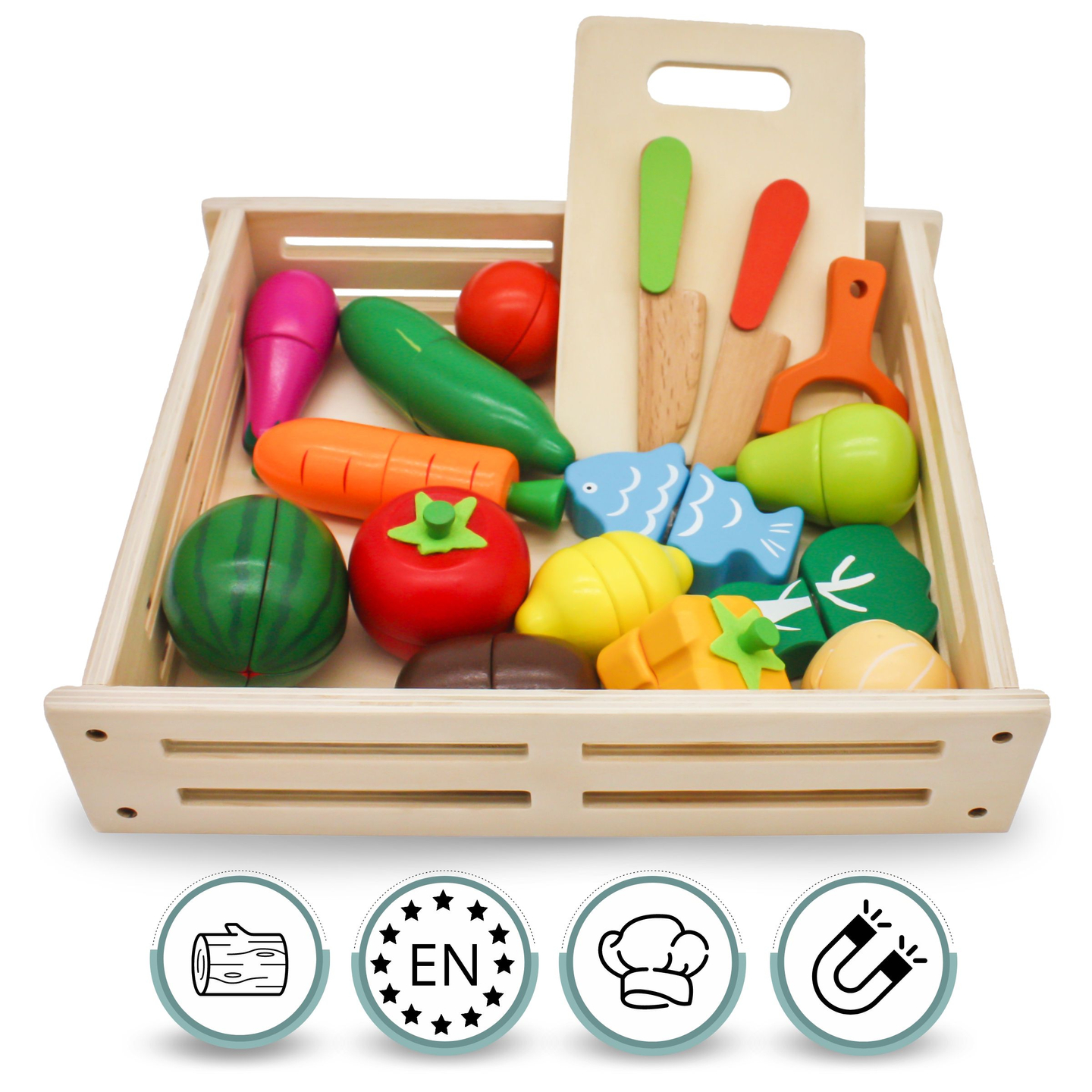 Obst und Gemüse aus Holz zum Schneiden